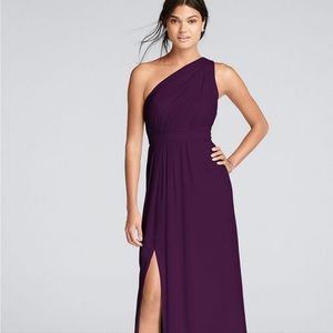 David’s Bridal Plum Chiffon One Shoulder Dress